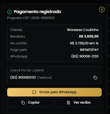 Comprovante de pagamento pronto para enviar no WhatsApp